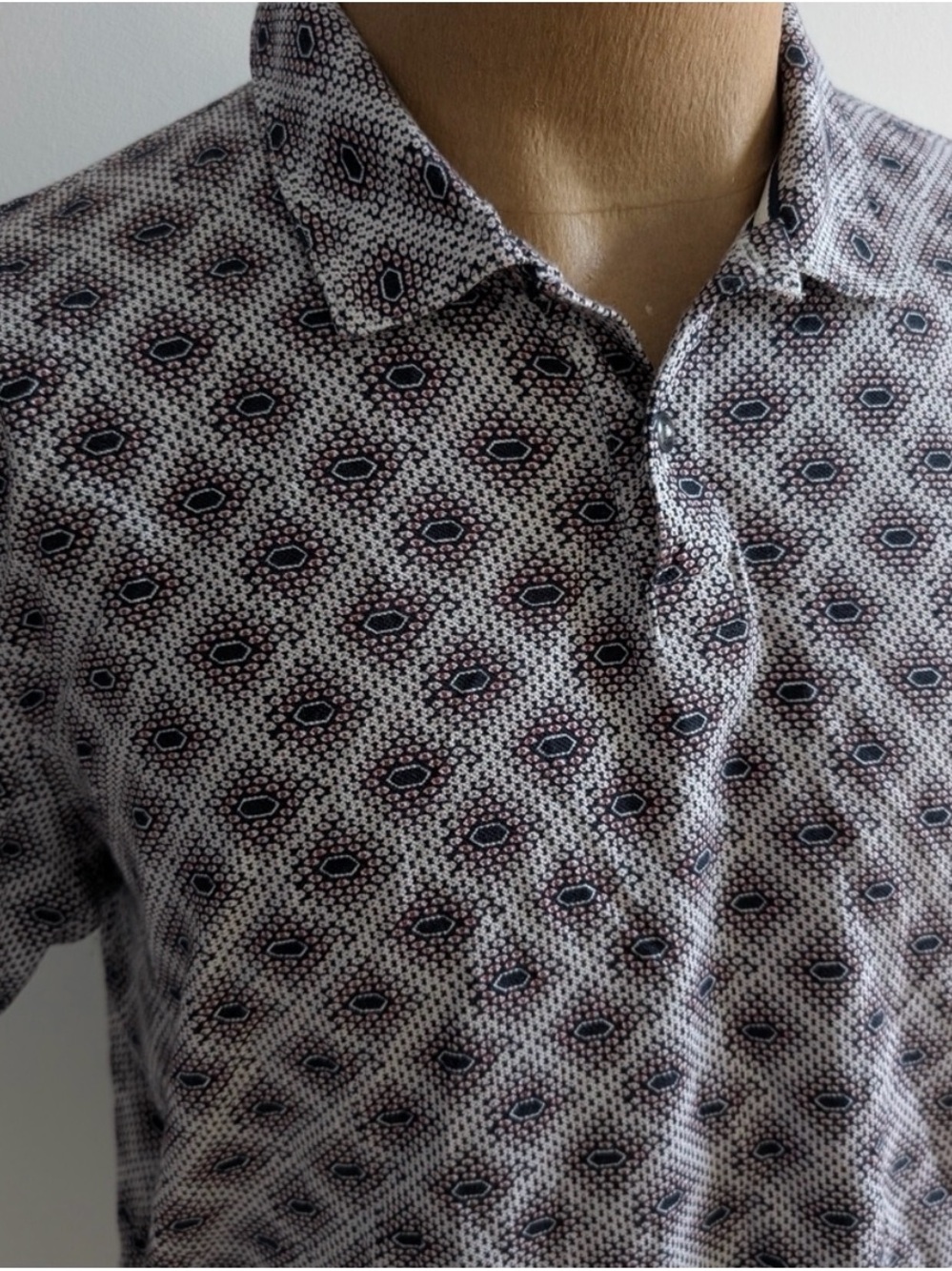 Men's TED BAKER Short-Sleeve Patterned Polo Shirt - White/Navy/Red